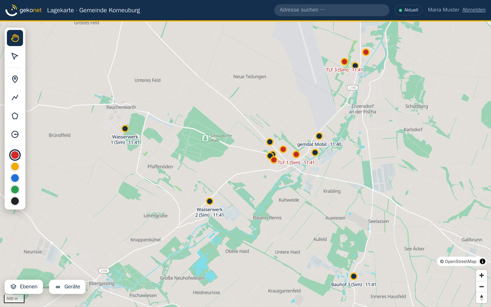 Lagekarte mit Funkgeräten von Gemeinde und Feuerwehr