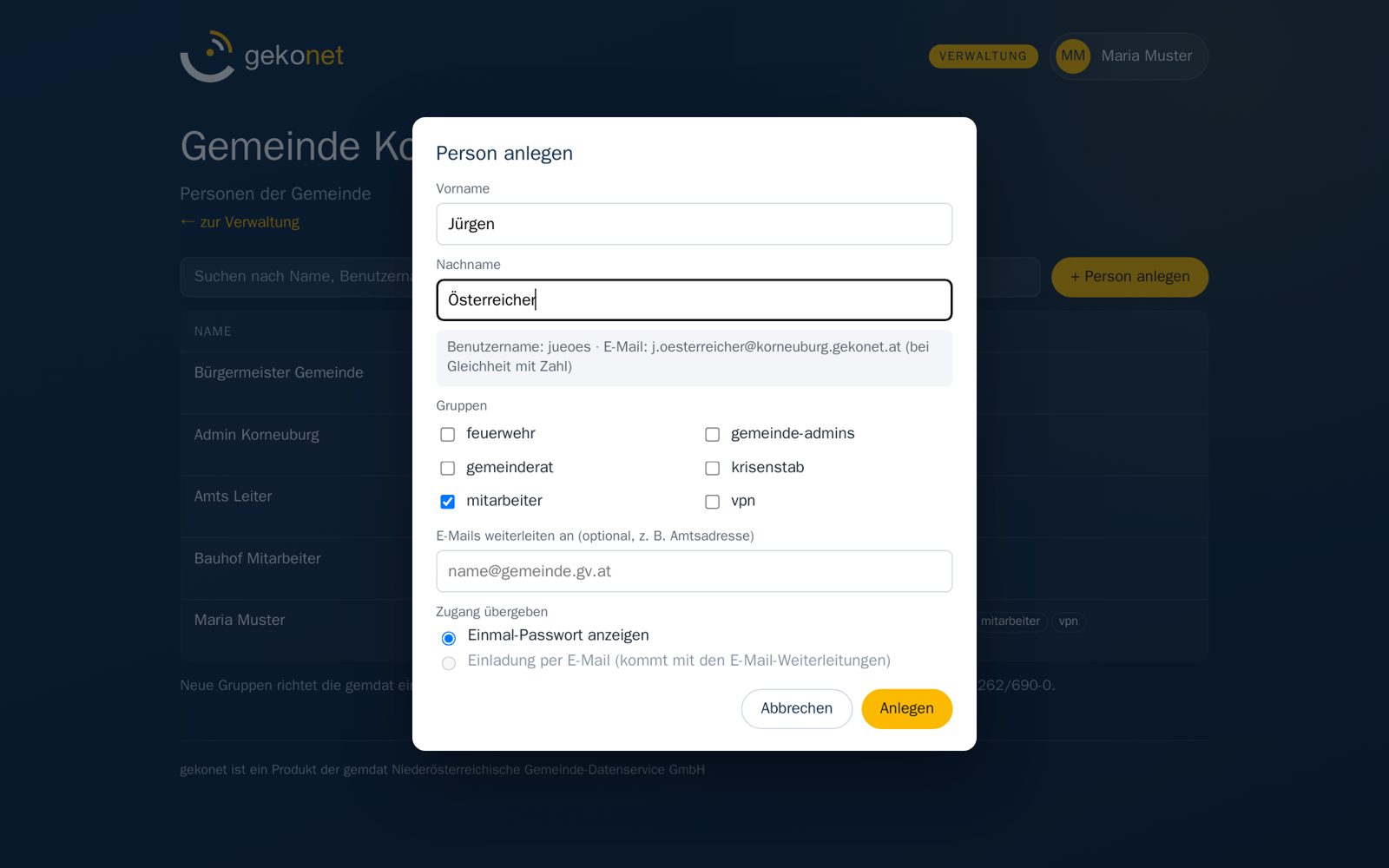 Person anlegen: Benutzername und E-Mail-Adresse entstehen automatisch.