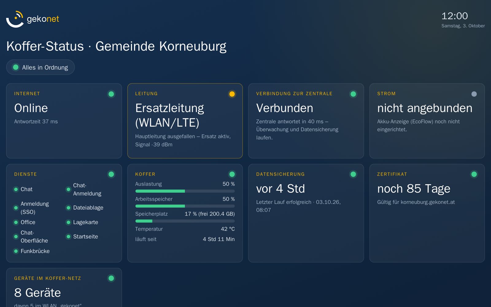 Statusseite: alles in Ordnung, der Koffer läuft über die Ersatzleitung.